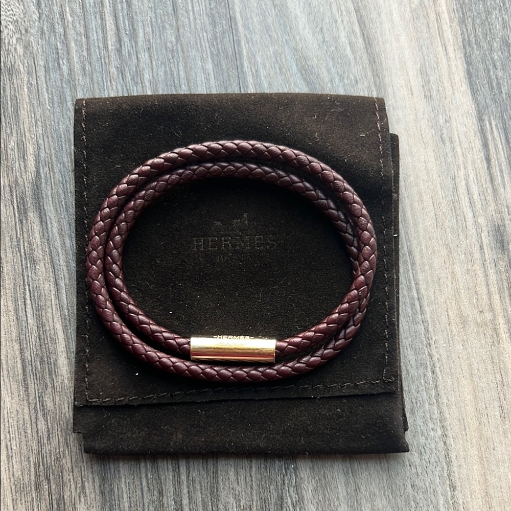 Hermès Double Tour Braided Leather Bracelet - Deep Burgundy with Gold Tube